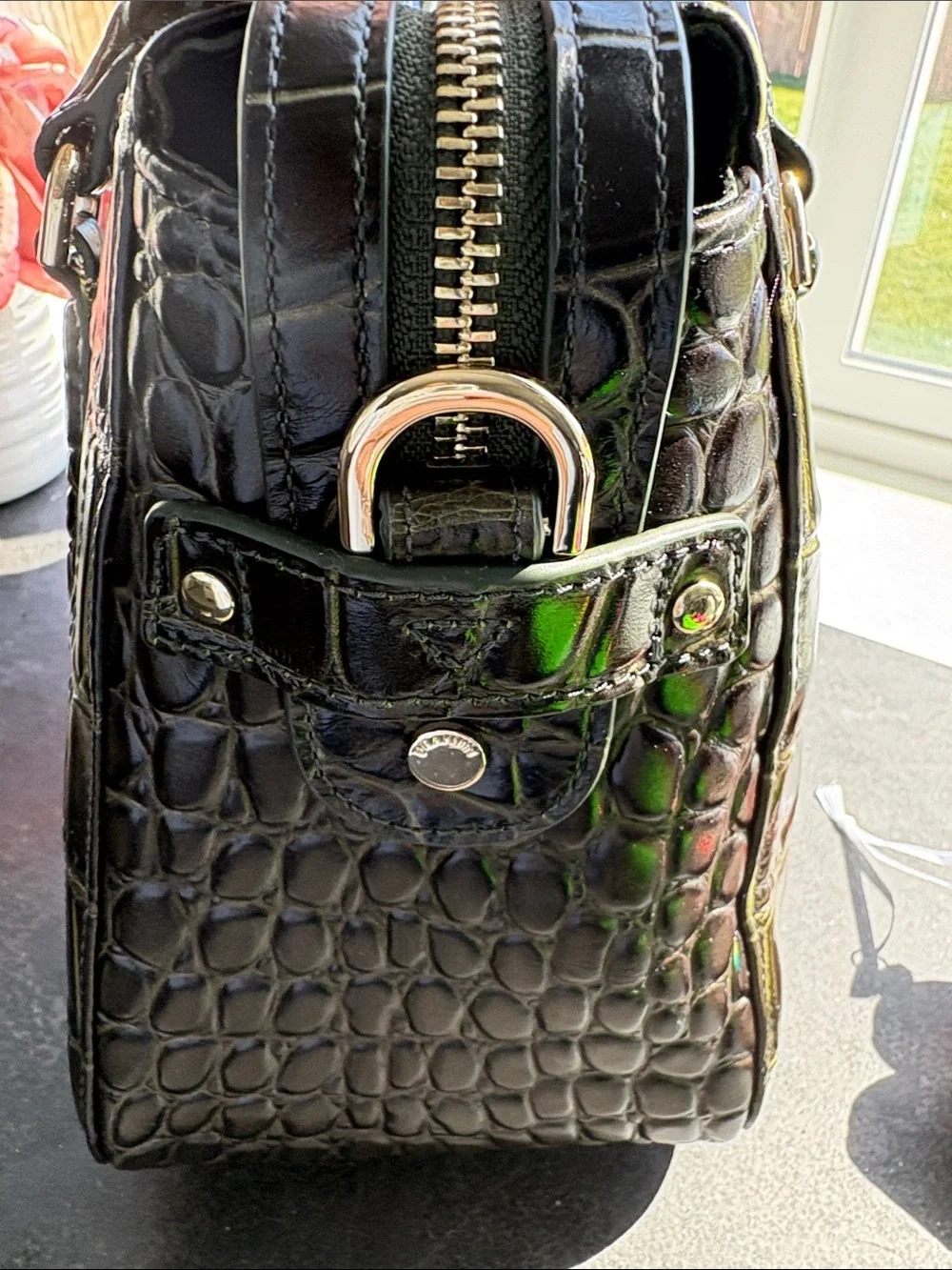 Brahmin Croc-Embossed Satchel with Gold Plaque